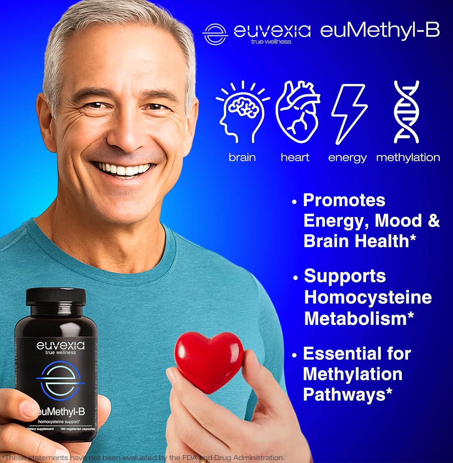 Man holding a bottle of euMethyl-B supplement and a red heart, with product and showing health, heart, energy and methylation benefits