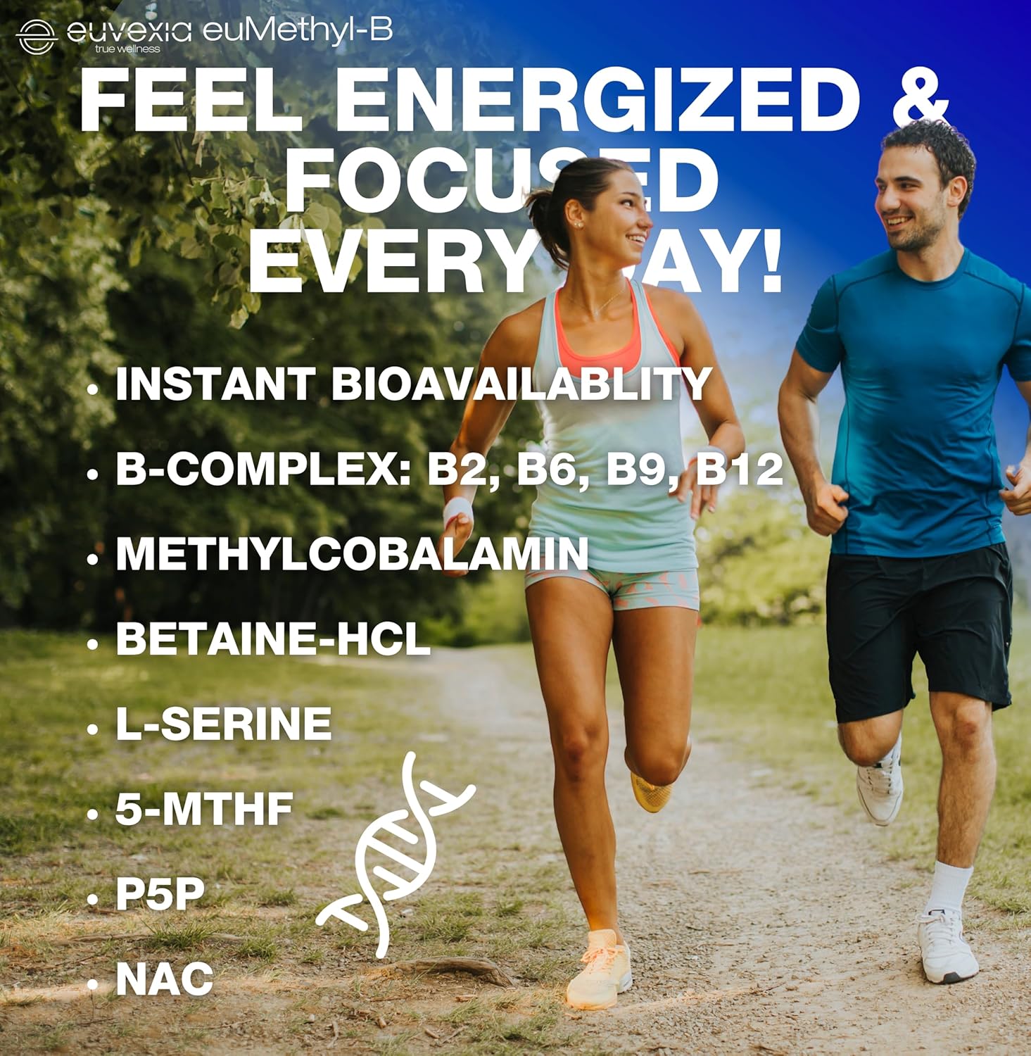 Two people running outdoors with euMethyl-B benefits and ingredients.