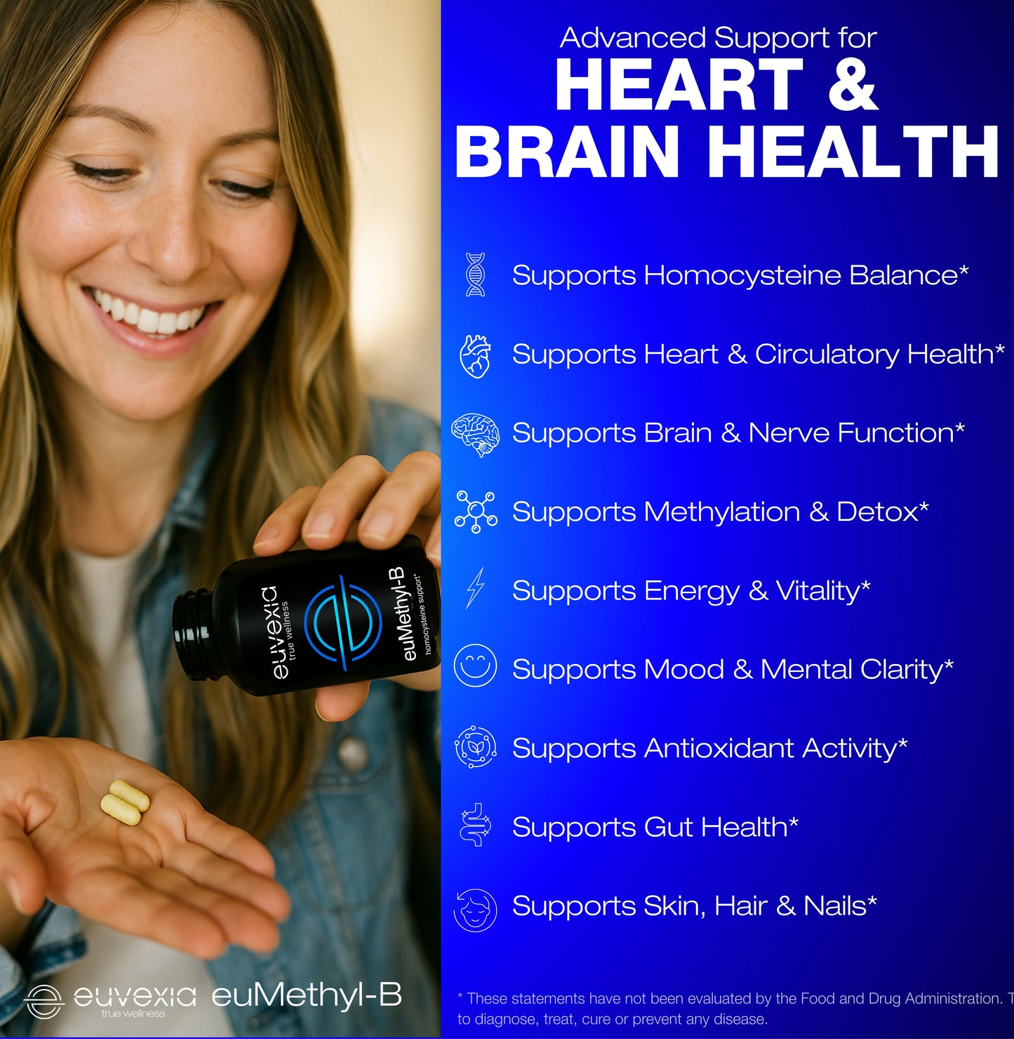 Woman holding euMethyl-B supplement bottle with text about heart and brain health benefits