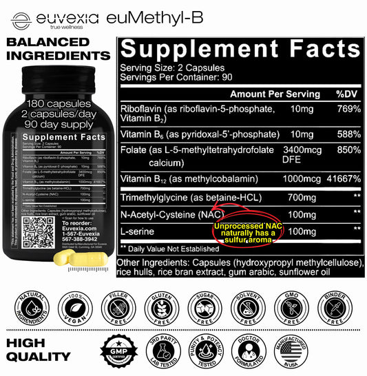 euMethyl-B homocysteine reducer label detailing ingredients and supplement facts.