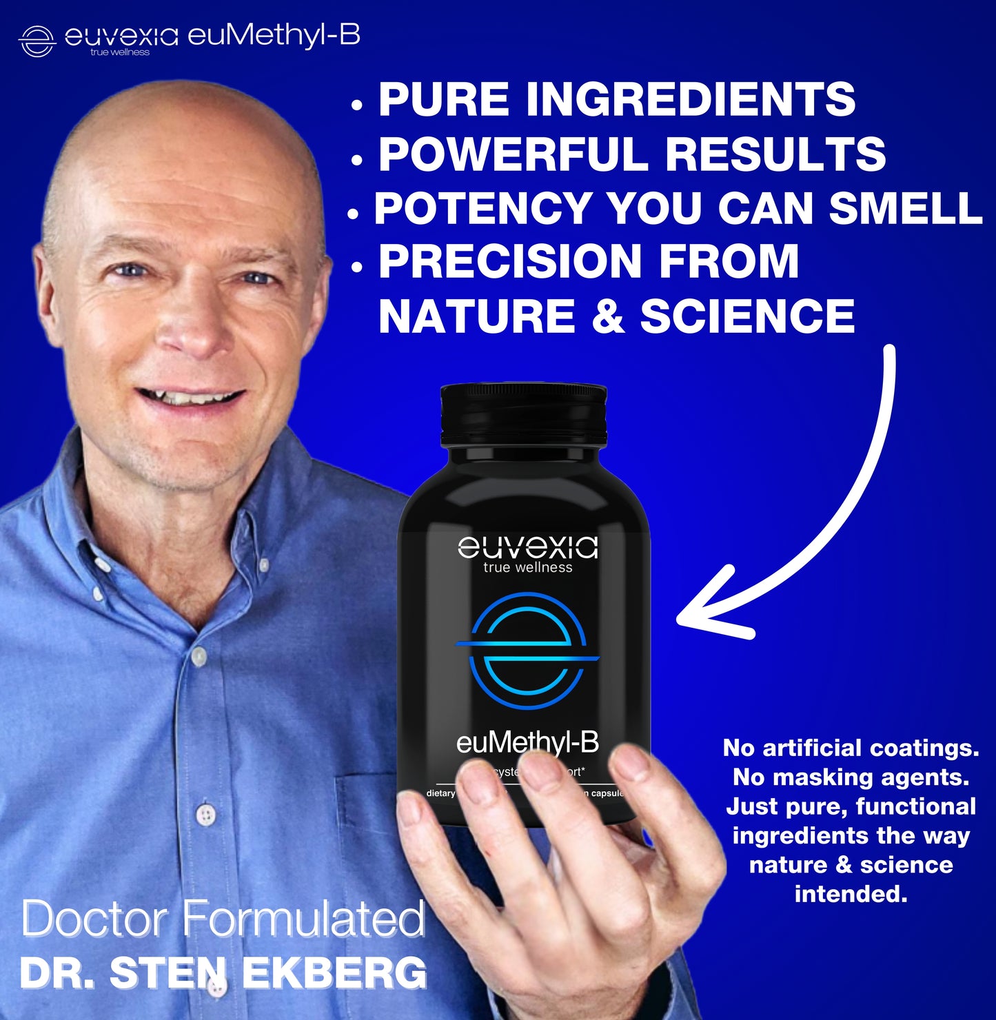 Dr. Sten Ekberg holding a bottle of euMethyl-B supplement. pure ingredients. powerful results. potency you can smell. precision from nature & science.