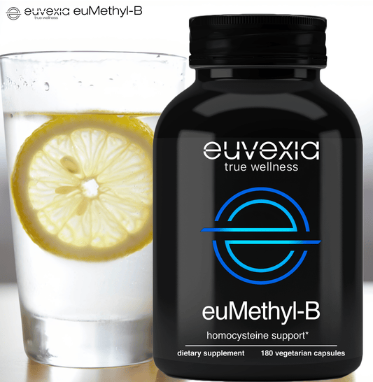 b vitamin supplement bottle with water glass morning routine health support