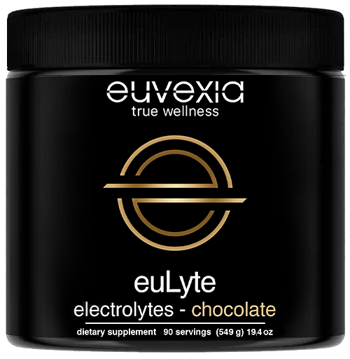 Black container of euLyte chocolate electrolytes with Euvexia true wellness