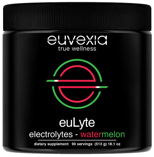 Black container of watermelon euLyte electrolytes by euvexia