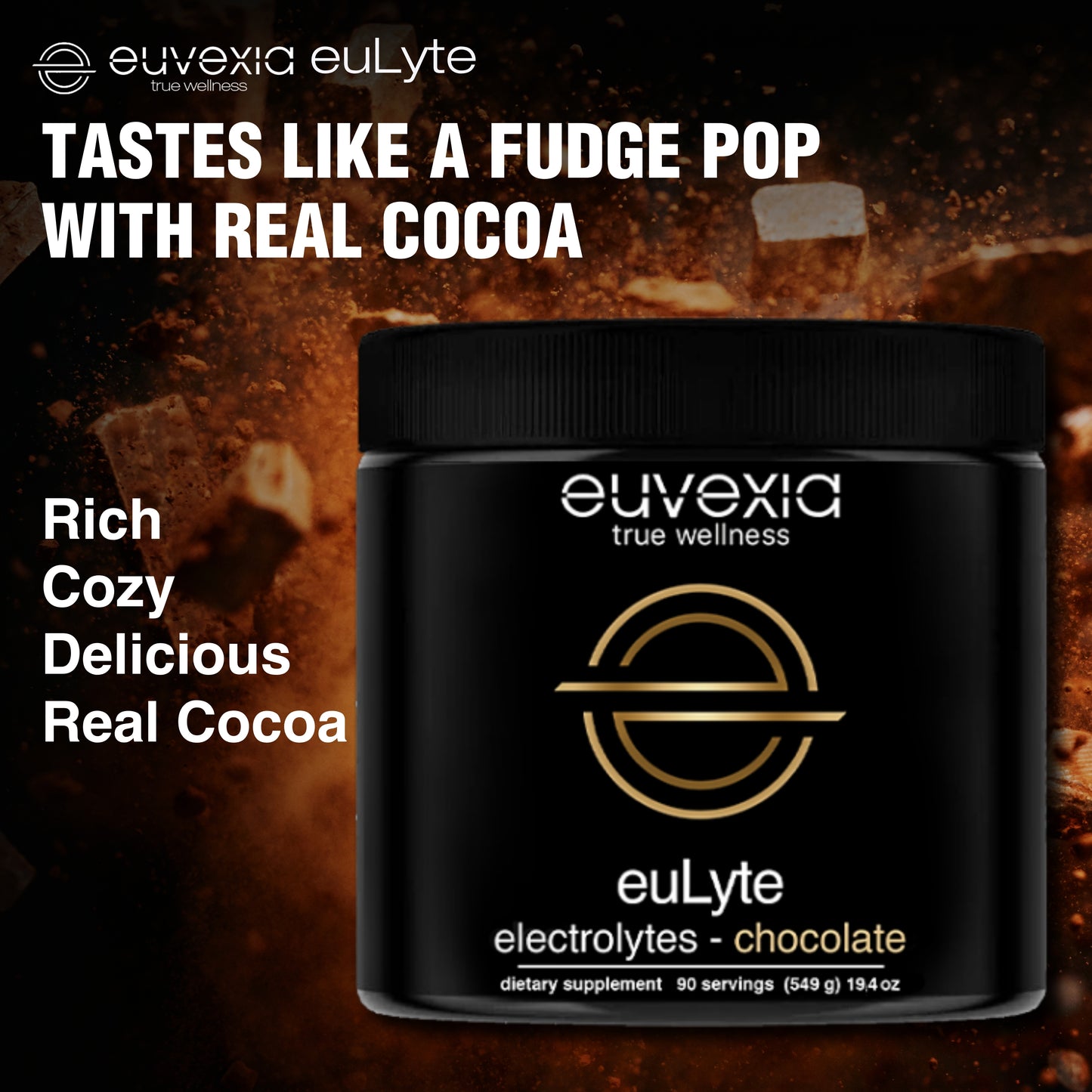 A black tub of Euvexia euLyte electrolytes in chocolate flavor, set against a dark chocolate-brown textured background with promotional text highlighting the fudge-pop taste and real cocoa content.