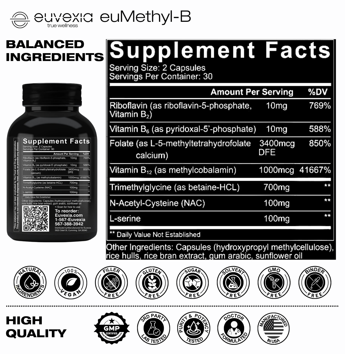 A supplement facts label and bottle for Euvexia euMethyl-B. The left side shows a black bottle with the brand name at the top and a large 'Supplement Facts' panel on the right with ingredient percentages and a row of certification icons along the bottom.
