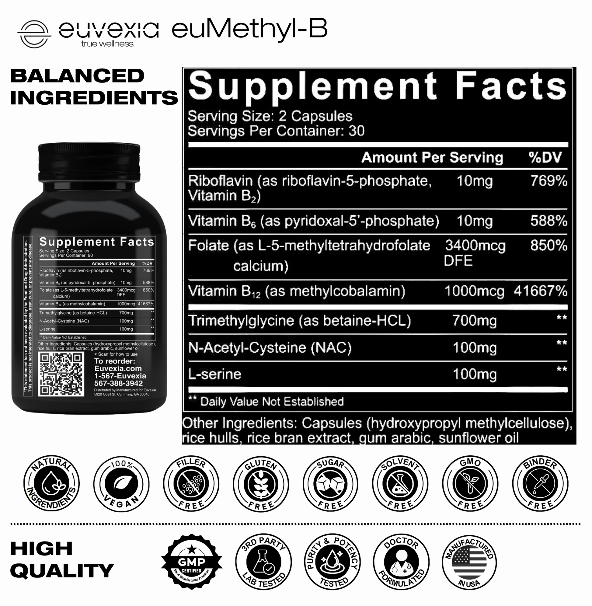 A supplement facts label and bottle for Euvexia euMethyl-B. The left side shows a black bottle with the brand name at the top and a large 'Supplement Facts' panel on the right with ingredient percentages and a row of certification icons along the bottom.