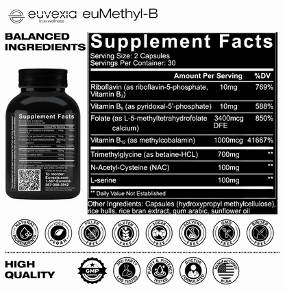 A supplement facts label and bottle for Euvexia euMethyl-B. The left side shows a black bottle with the brand name at the top and a large 'Supplement Facts' panel on the right with ingredient percentages and a row of certification icons along the bottom.