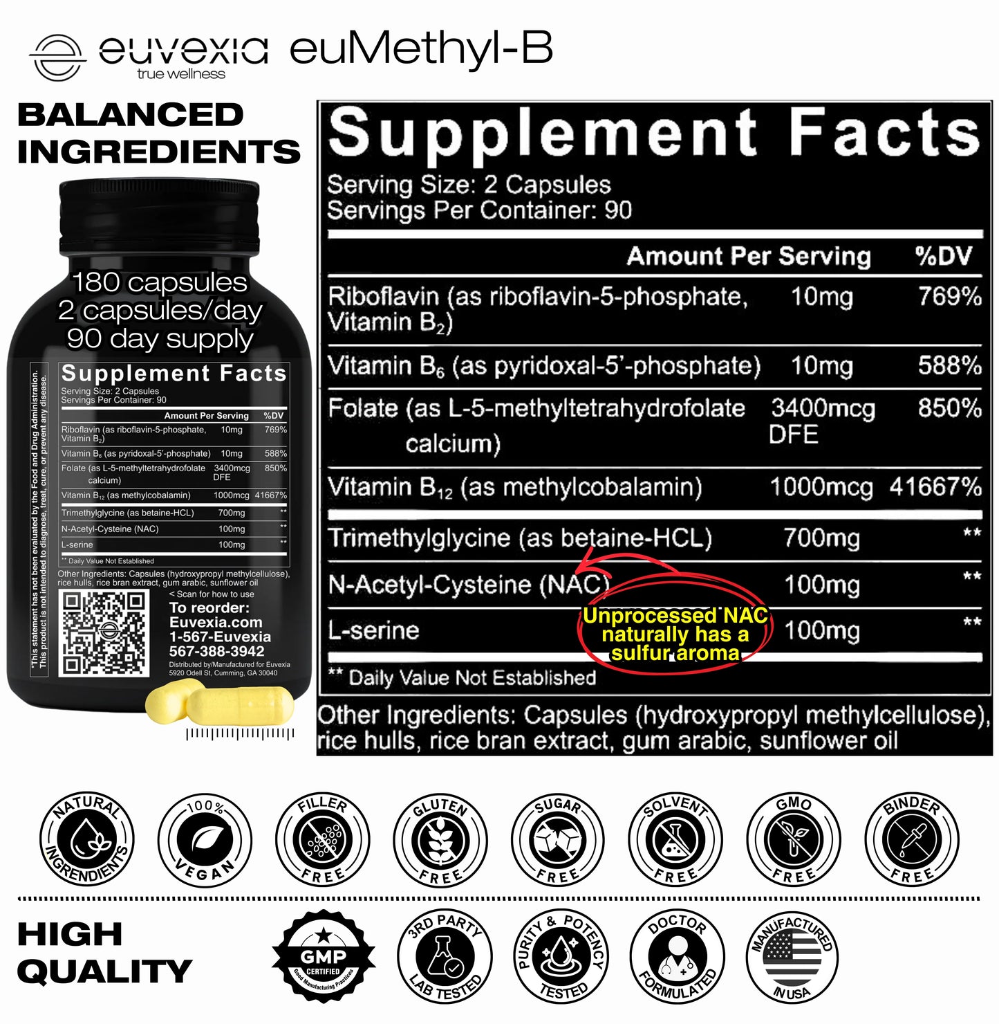 euMethyl-B homocysteine reducer label detailing ingredients and supplement facts.