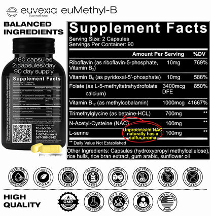euMethyl-B homocysteine reducer label detailing ingredients and supplement facts.