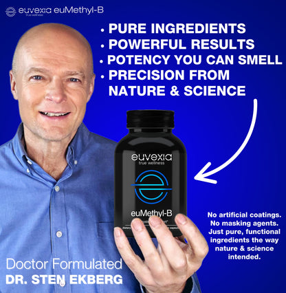 Dr. Sten Ekberg holding a bottle of euMethyl-B supplement. pure ingredients. powerful results. potency you can smell. precision from nature & science.